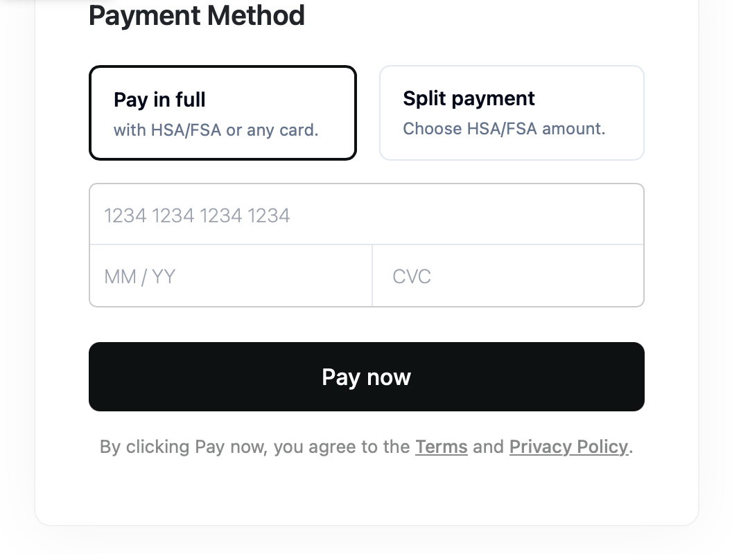 A payment screen with options to pay in full or split the payment across cards, card entry fields, and a Pay now button.