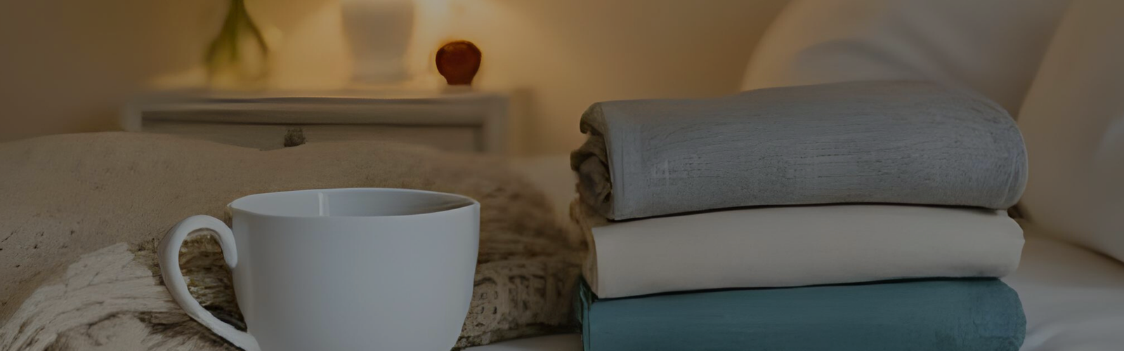 warm and cozy bed with mug and blankets